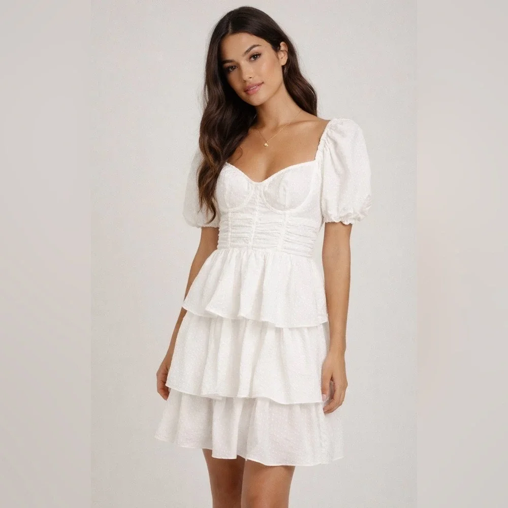 PrettyLittleThing Mini Dress Size 4‎ White Tiered Ruffle Puff Sleeve Corset